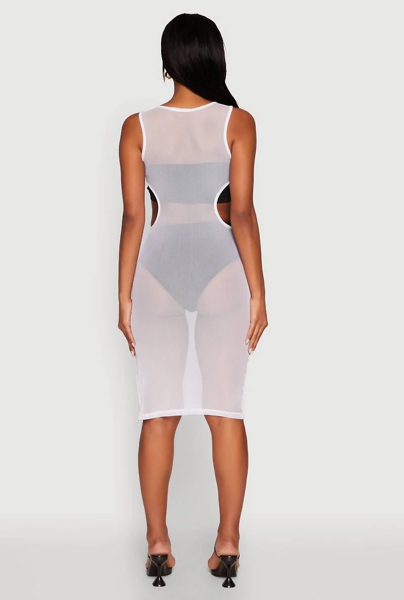 Womens Mesh Side Slit Cut Out Maxi Top, White, Size XL