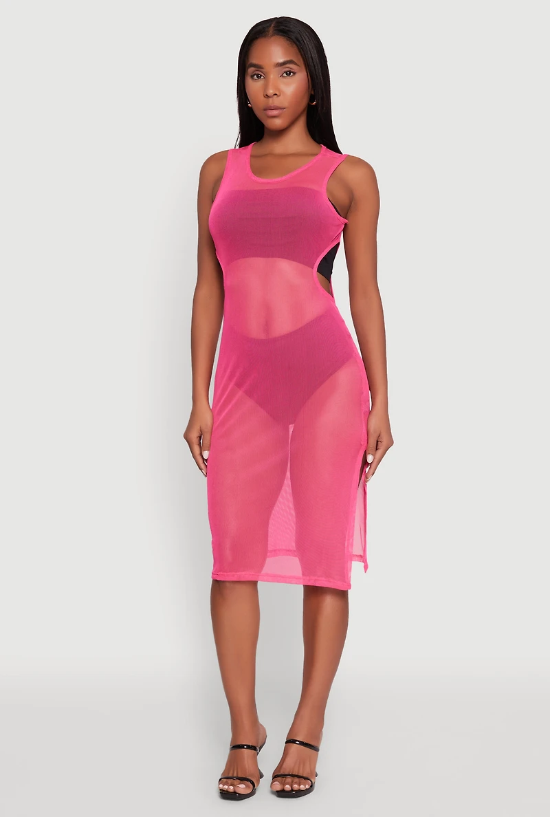 Womens Mesh Side Slit Cut Out Maxi Top, Pink, Size XL