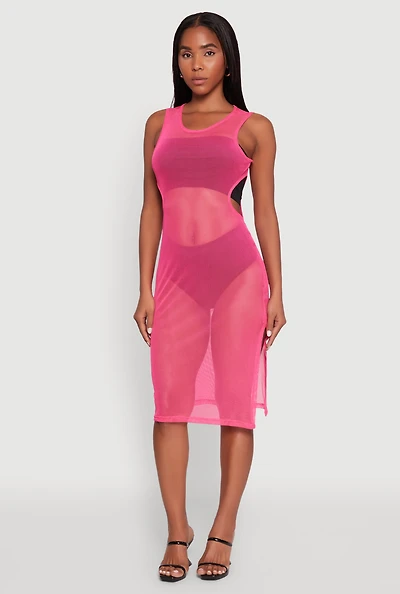 Womens Mesh Side Slit Cut Out Maxi Top, Pink, Size XL