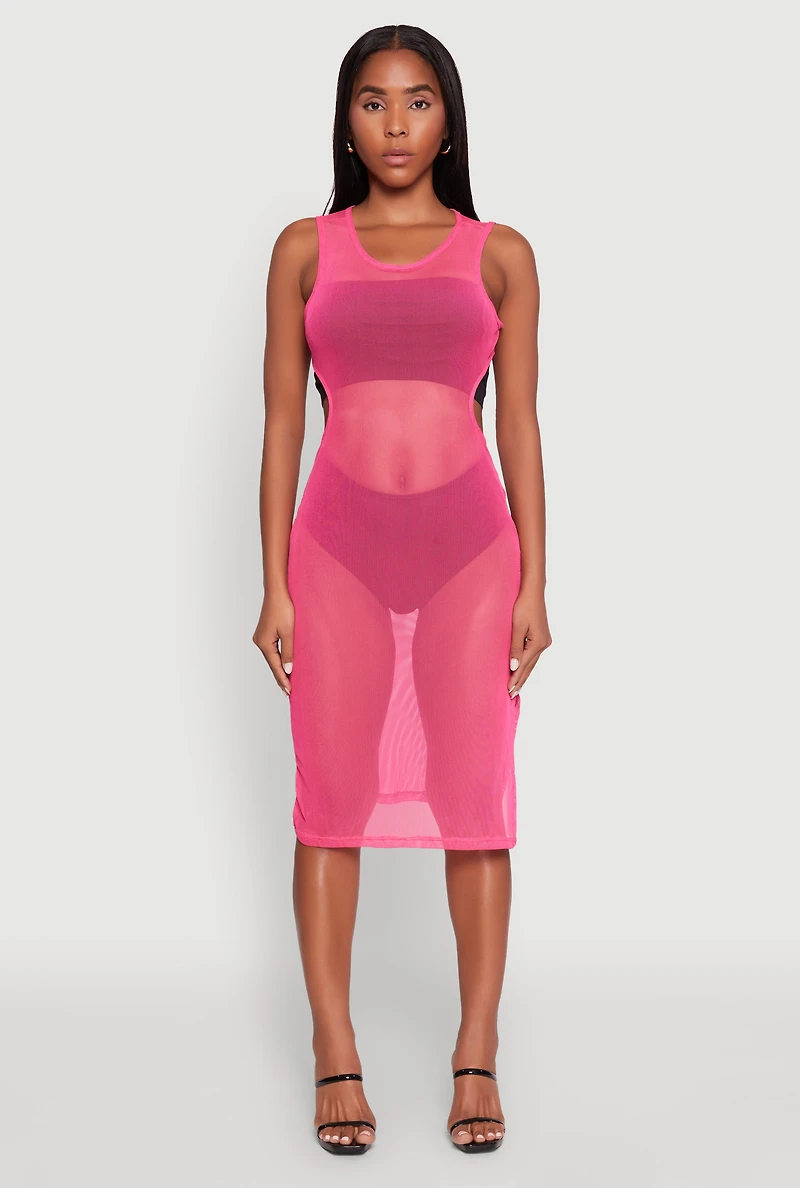 Womens Mesh Side Slit Cut Out Maxi Top, Pink, Size XL