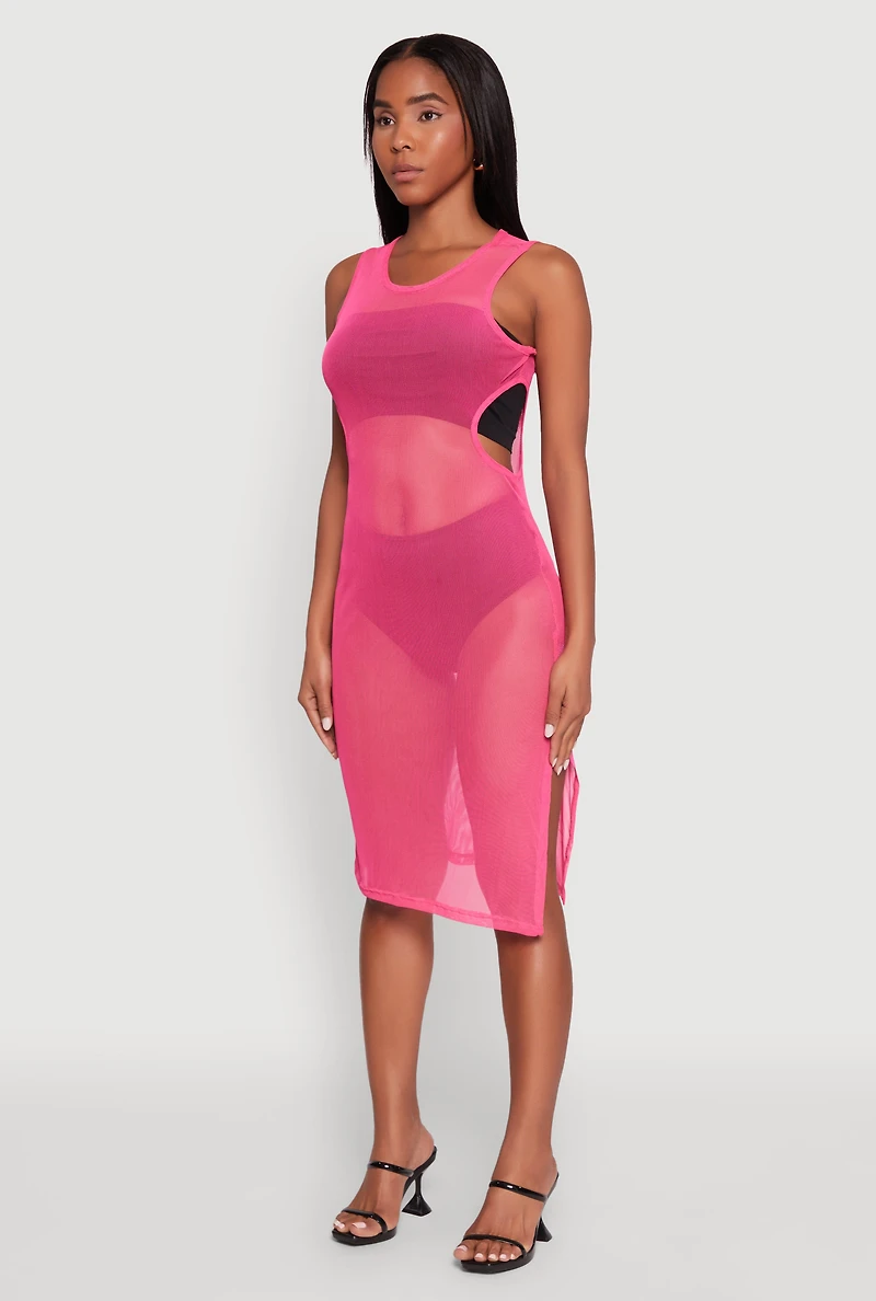 Womens Mesh Side Slit Cut Out Maxi Top, Pink, Size XL