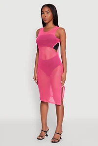 Womens Mesh Side Slit Cut Out Maxi Top, Pink, Size XL