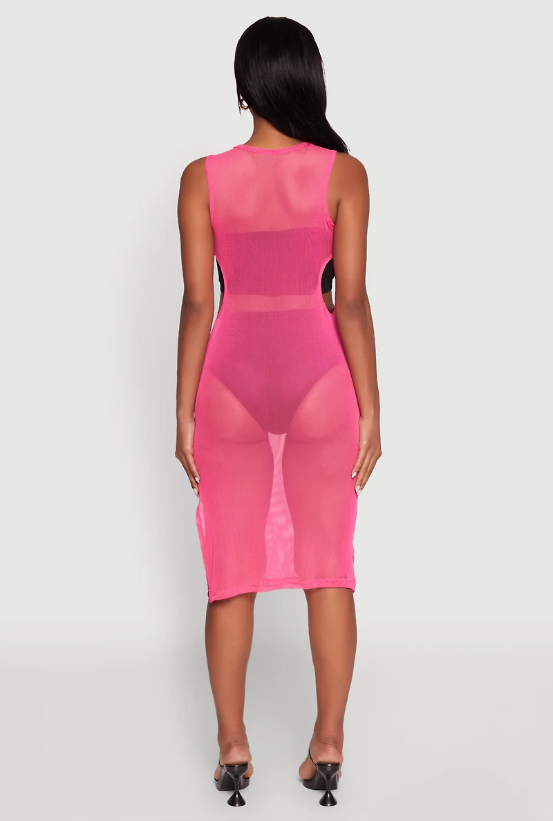 Womens Mesh Side Slit Cut Out Maxi Top, Pink, Size XL