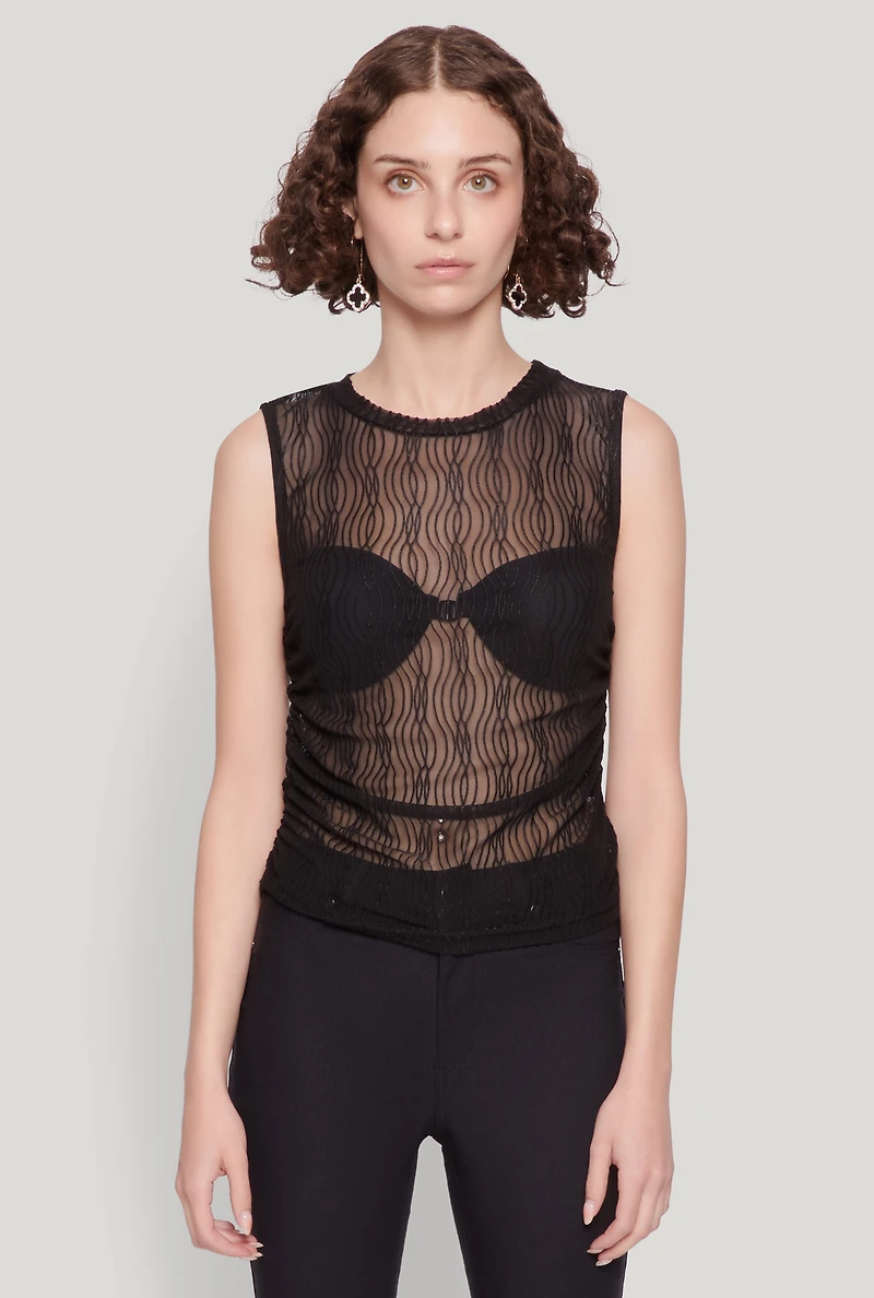 Womens Side Ruched Sleeveless Mesh Top, M