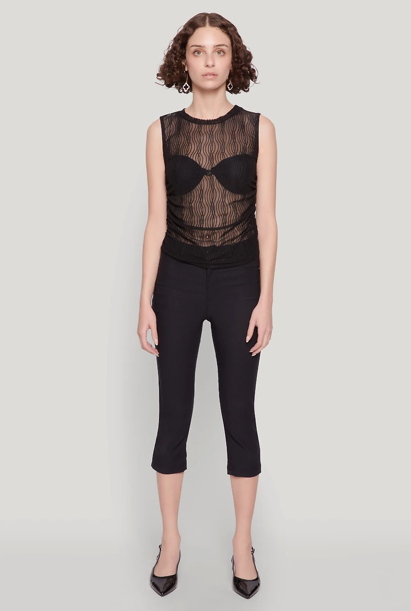 Womens Side Ruched Sleeveless Mesh Top, M
