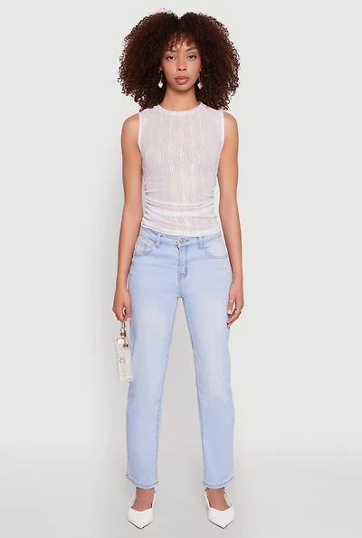 Womens Side Ruched Sleeveless Mesh Top, White,