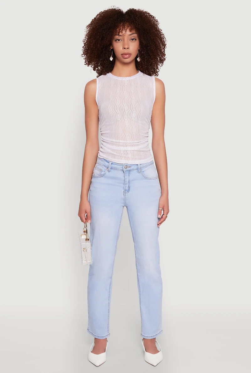 Womens Side Ruched Sleeveless Mesh Top, White, Size M