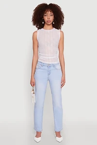Womens Side Ruched Sleeveless Mesh Top, White, Size M
