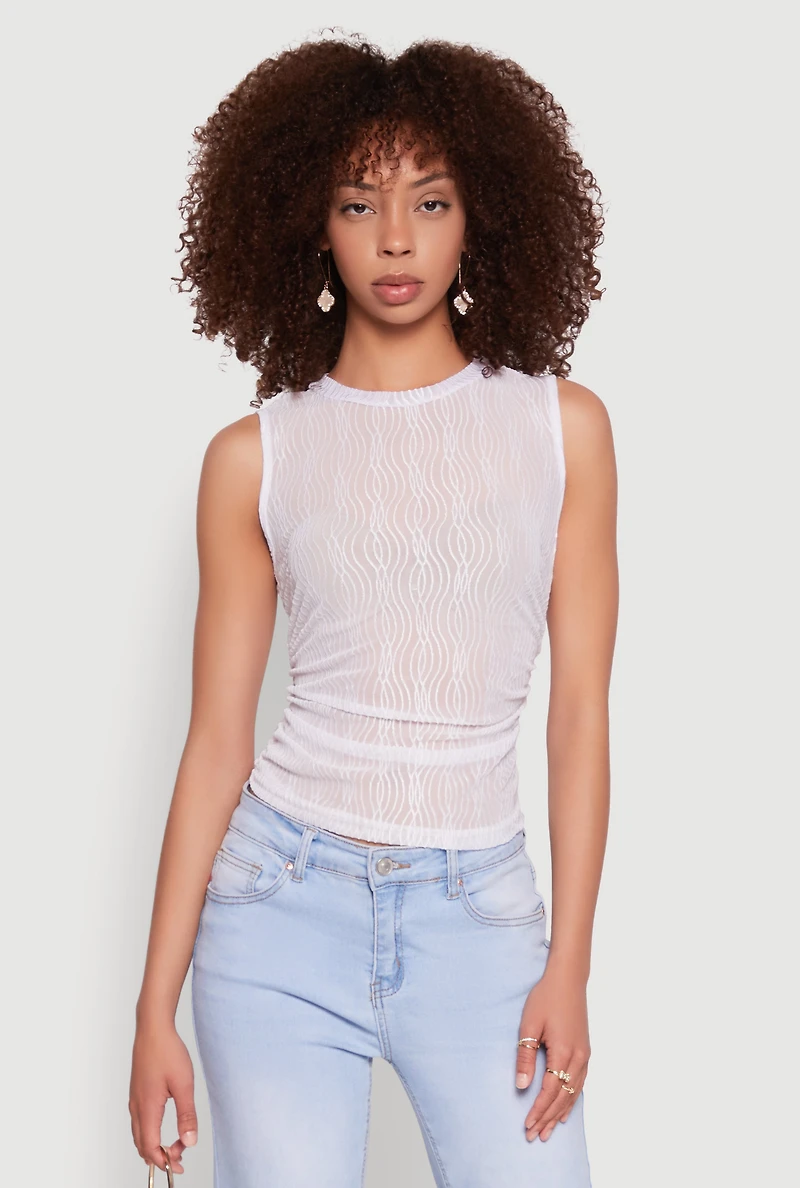 Womens Side Ruched Sleeveless Mesh Top, White, Size M