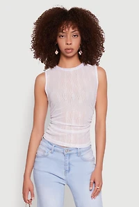 Womens Side Ruched Sleeveless Mesh Top, White, Size M