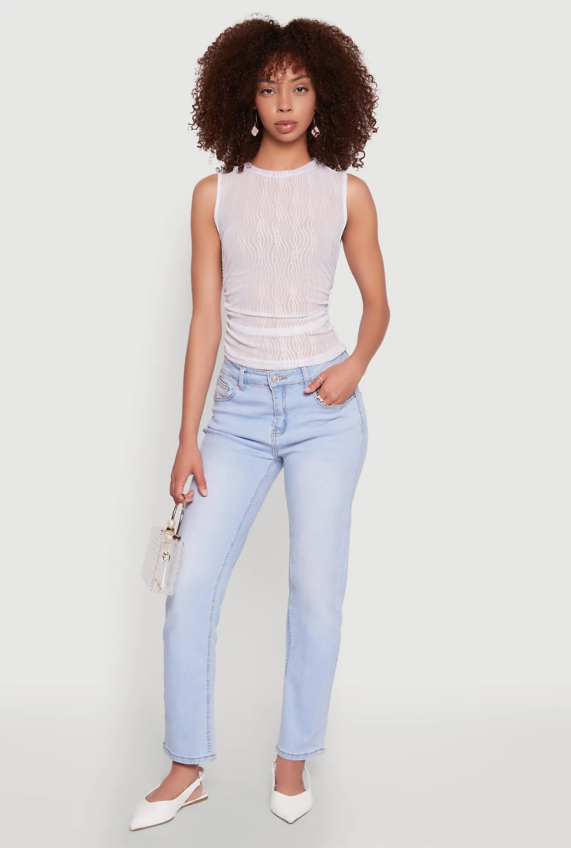 Womens Side Ruched Sleeveless Mesh Top, White, Size M
