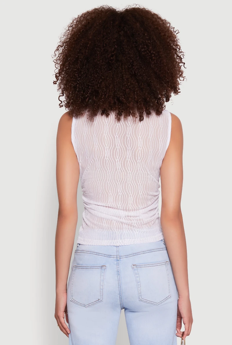 Womens Side Ruched Sleeveless Mesh Top, White, Size M