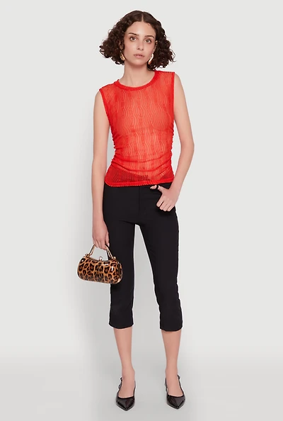 Womens Side Ruched Sleeveless Mesh Top, Red, Size M