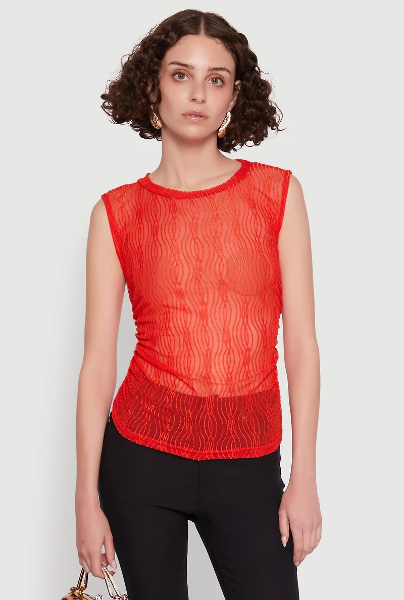 Womens Side Ruched Sleeveless Mesh Top, Red, Size M