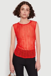 Womens Side Ruched Sleeveless Mesh Top, Red, Size M