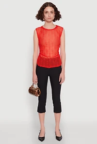 Womens Side Ruched Sleeveless Mesh Top, Red, Size M