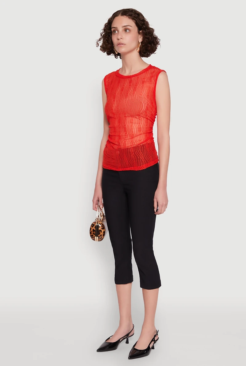 Womens Side Ruched Sleeveless Mesh Top, Red, Size M