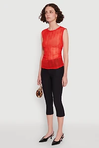 Womens Side Ruched Sleeveless Mesh Top, Red, Size M