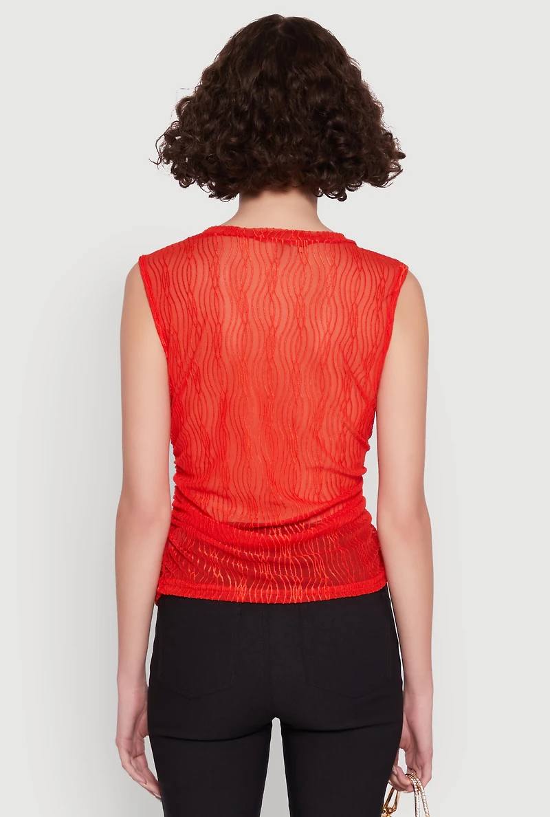 Womens Side Ruched Sleeveless Mesh Top, Red, Size M