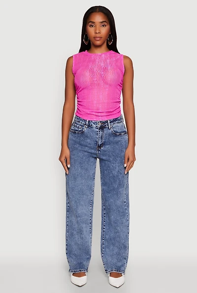Womens Side Ruched Sleeveless Mesh Top, Pink,