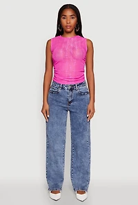 Womens Side Ruched Sleeveless Mesh Top, Pink,