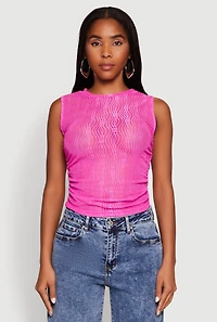 Womens Side Ruched Sleeveless Mesh Top, Pink,
