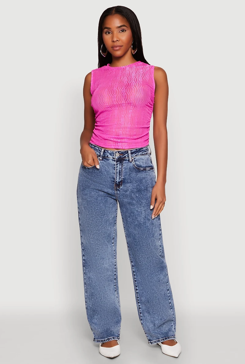 Side Ruched Sleeveless Mesh Top