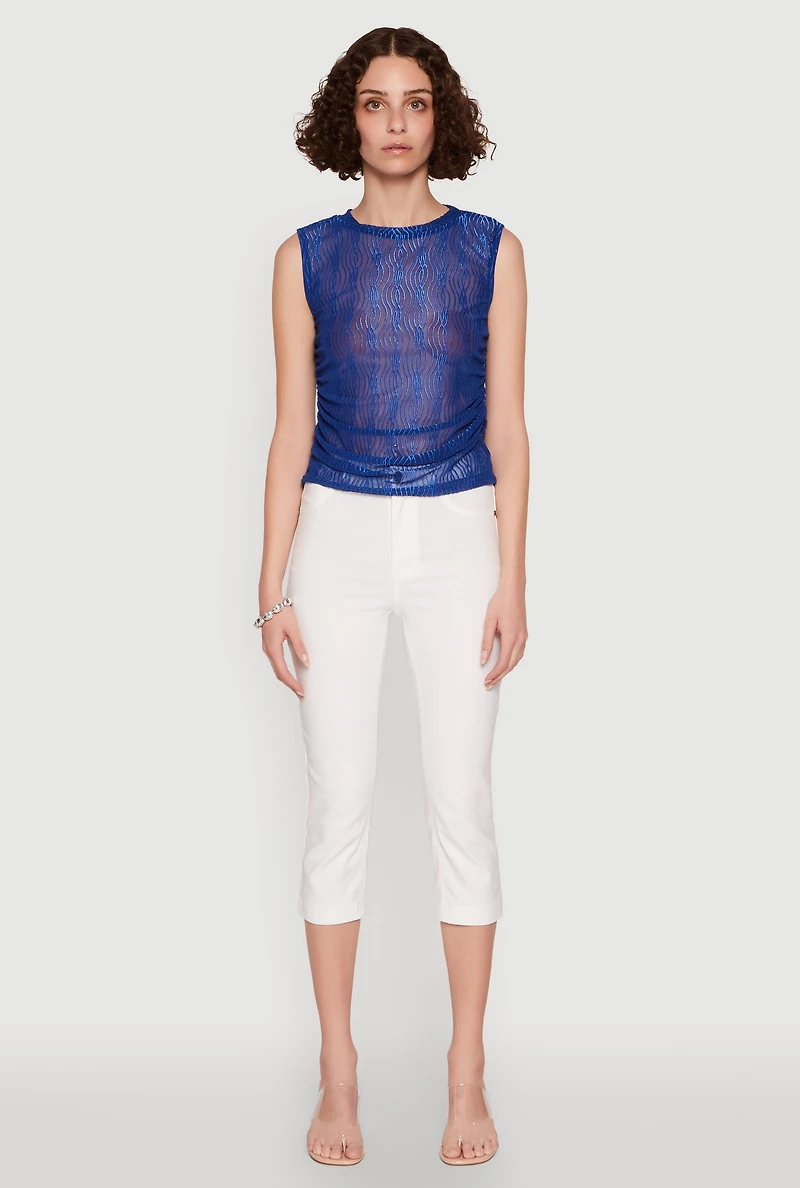 Womens Side Ruched Sleeveless Mesh Top,