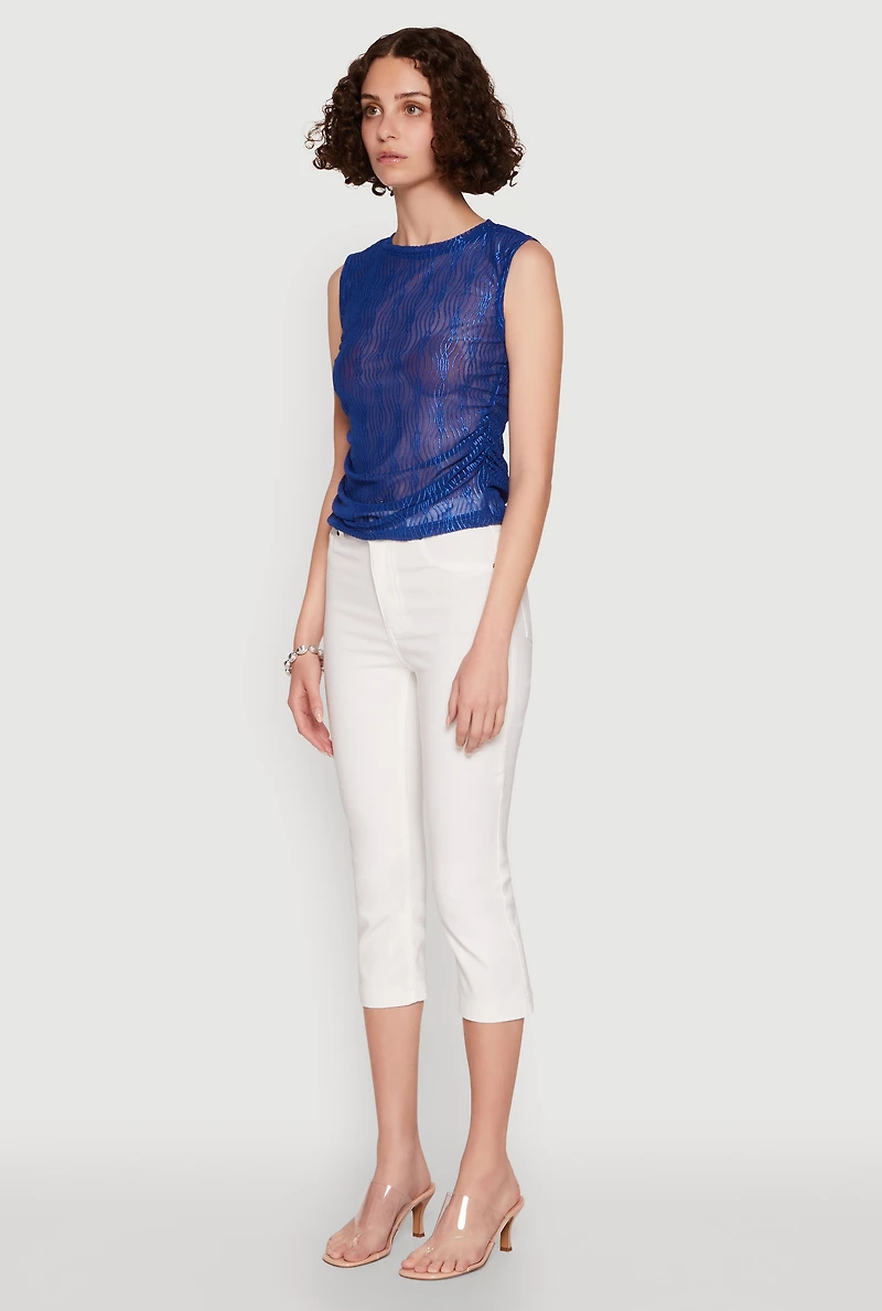 Womens Side Ruched Sleeveless Mesh Top,