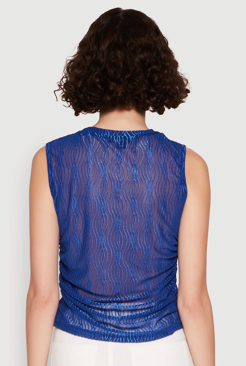 Womens Side Ruched Sleeveless Mesh Top,