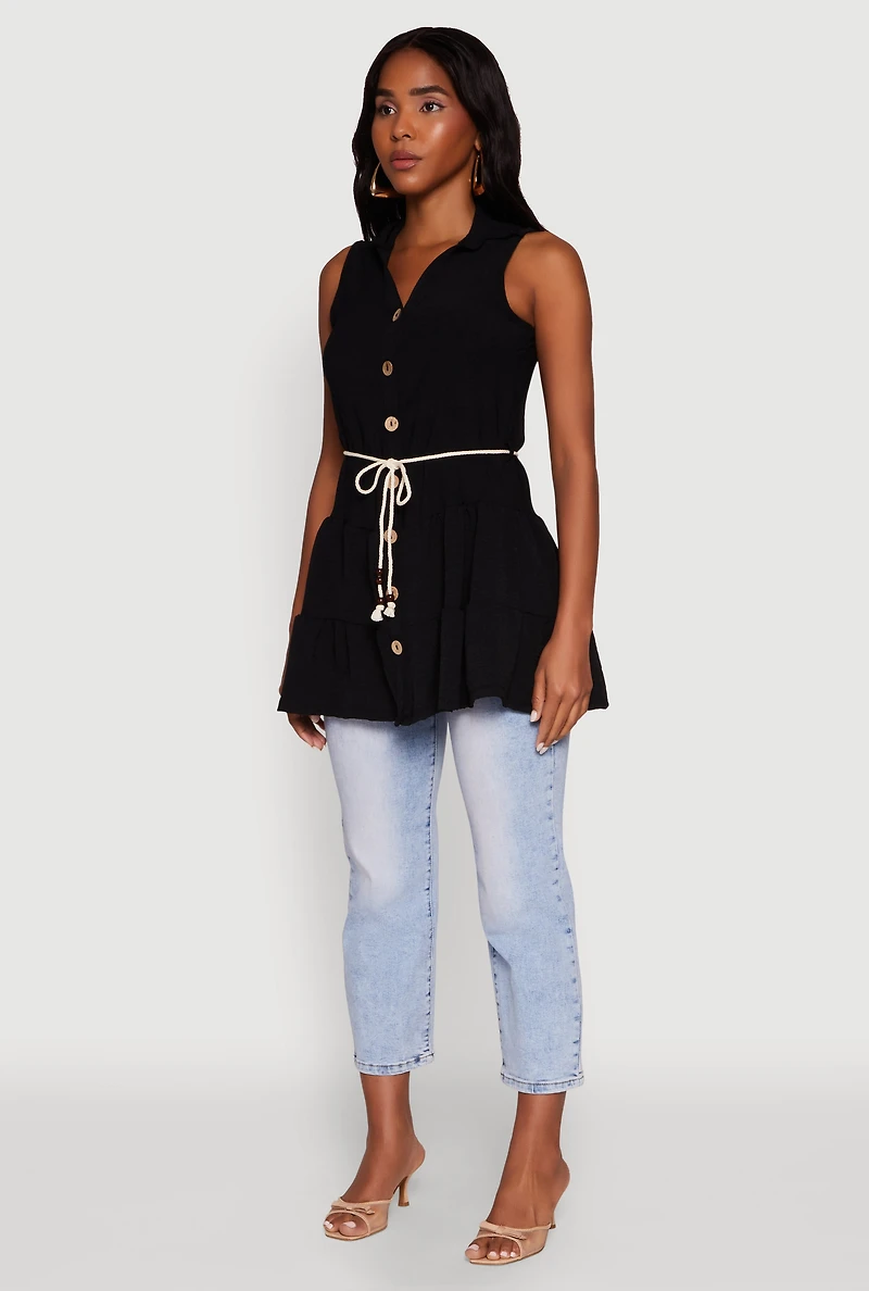 Womens Crepe Knit Tiered Tunic Top, Black, Size L