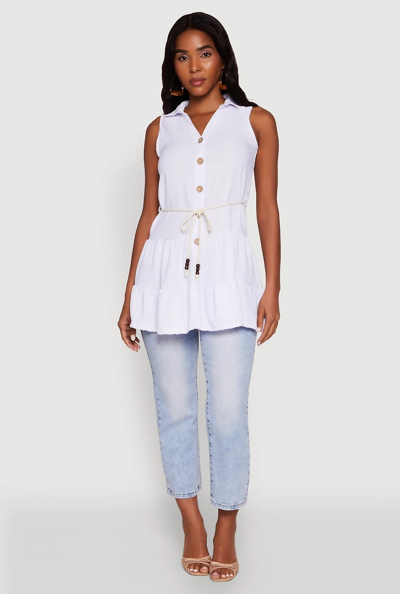 Womens Crepe Knit Tiered Tunic Top, White, Size S