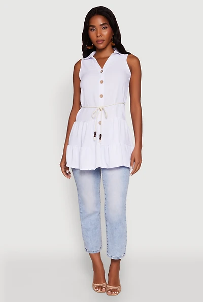 Womens Crepe Knit Tiered Tunic Top, White,