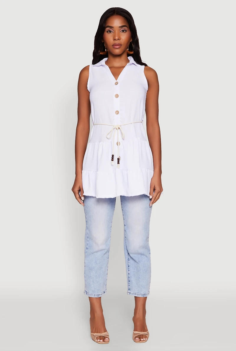 Womens Crepe Knit Tiered Tunic Top, White, Size L