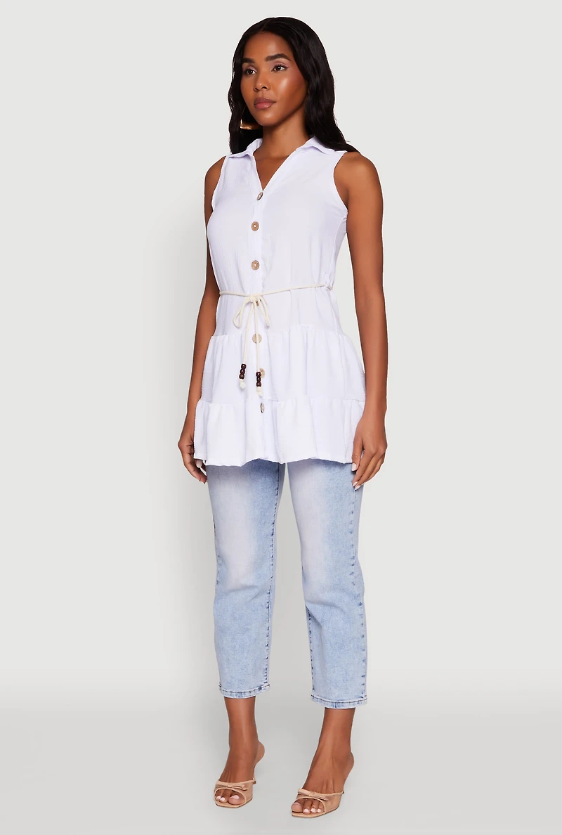 Womens Crepe Knit Tiered Tunic Top, White, Size S