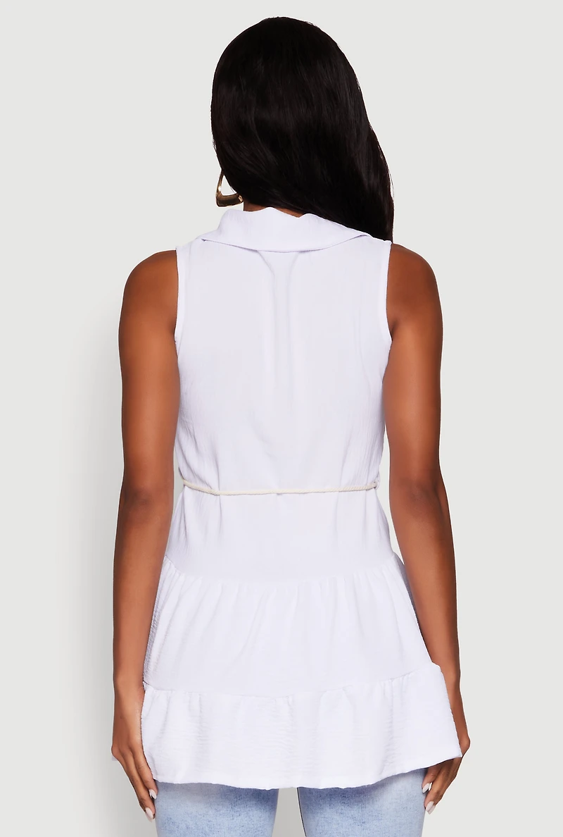 Womens Crepe Knit Tiered Tunic Top, White,