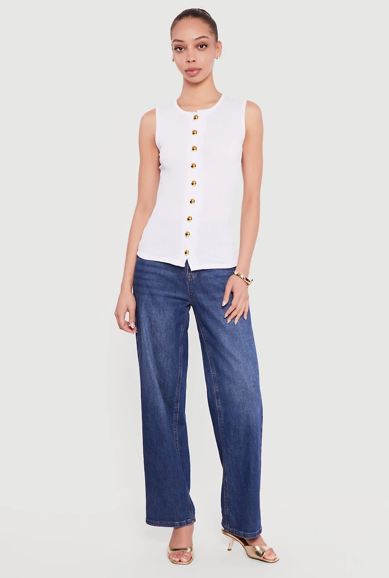 Sleeveless Button Front Crew Neck Top