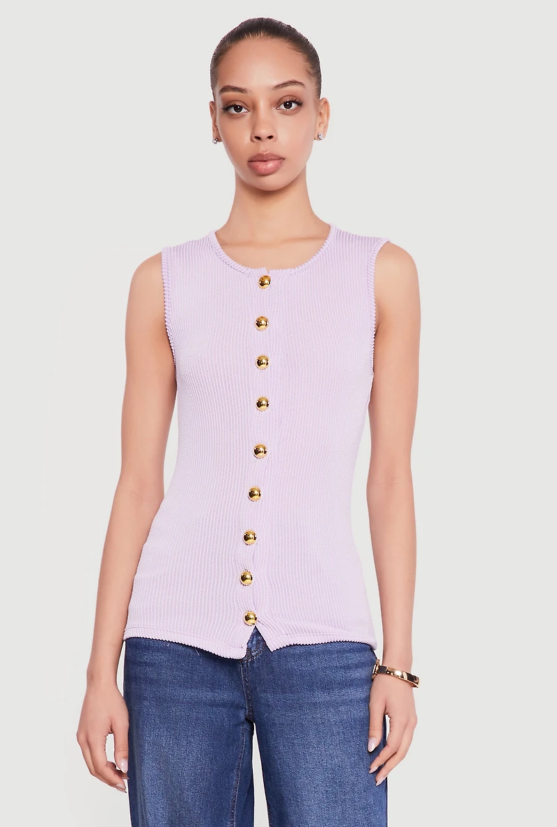 Sleeveless Button Front Crew Neck Top