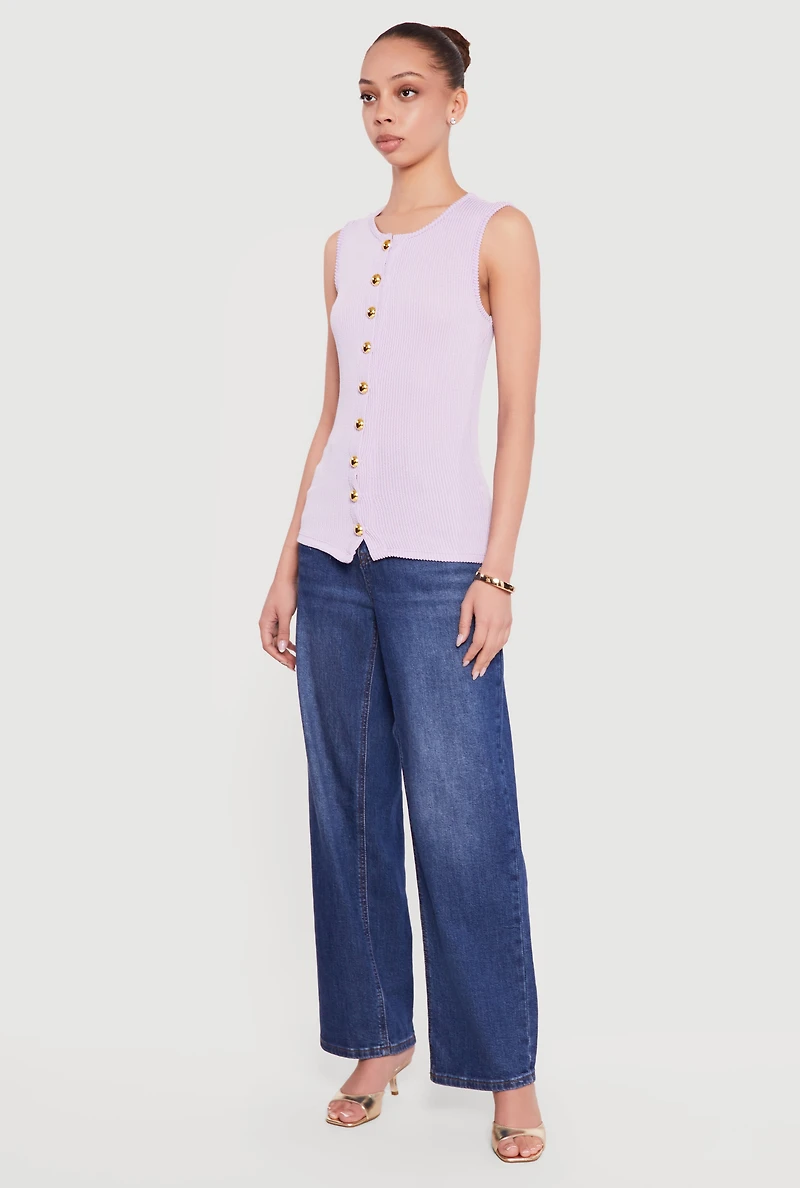Sleeveless Button Front Crew Neck Top