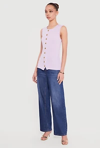 Sleeveless Button Front Crew Neck Top