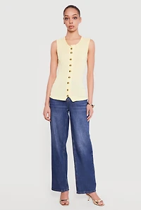 Sleeveless Button Front Crew Neck Top