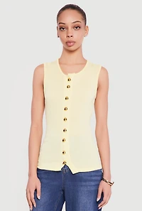 Sleeveless Button Front Crew Neck Top