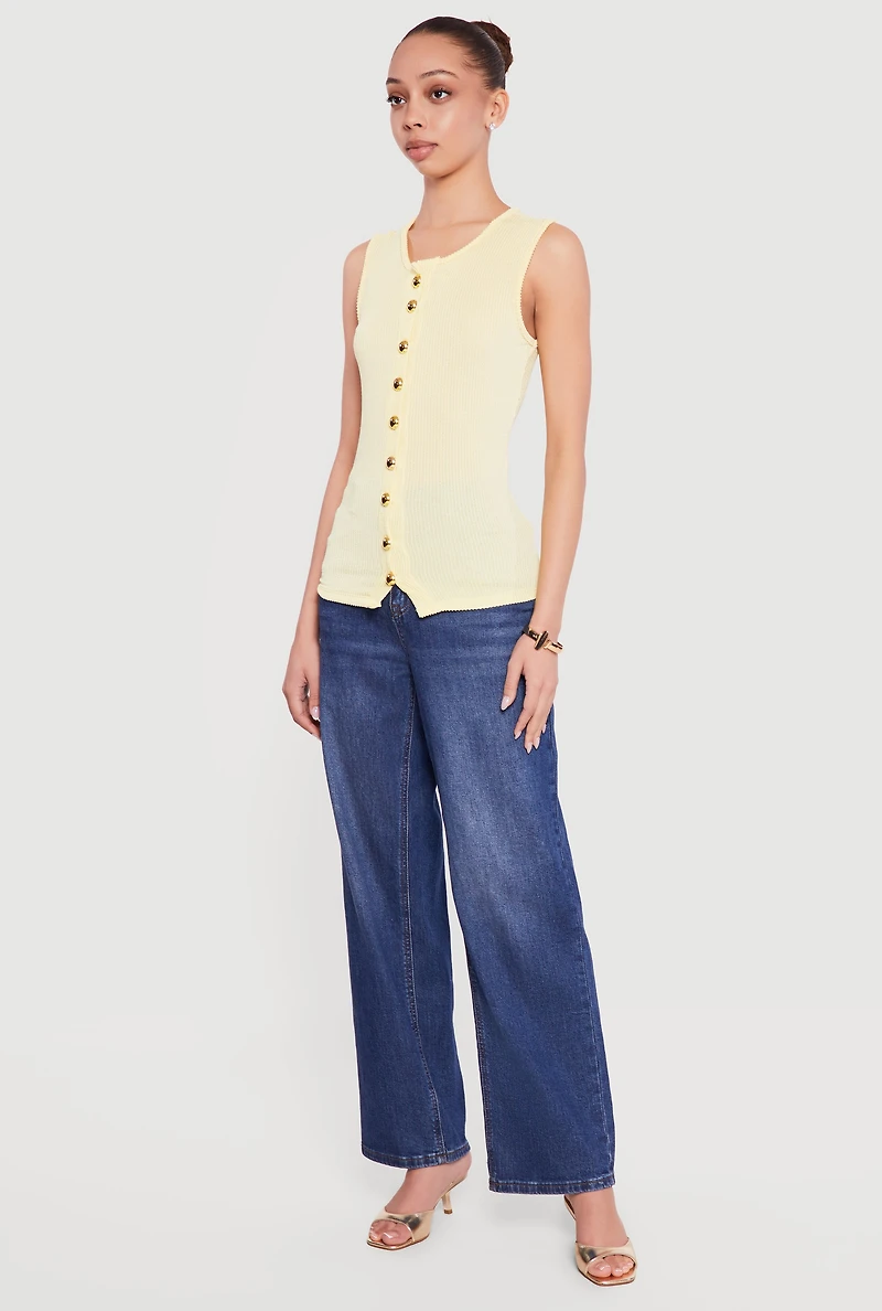 Sleeveless Button Front Crew Neck Top