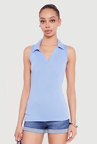 Sleeveless Ribbed Knit Polo Top