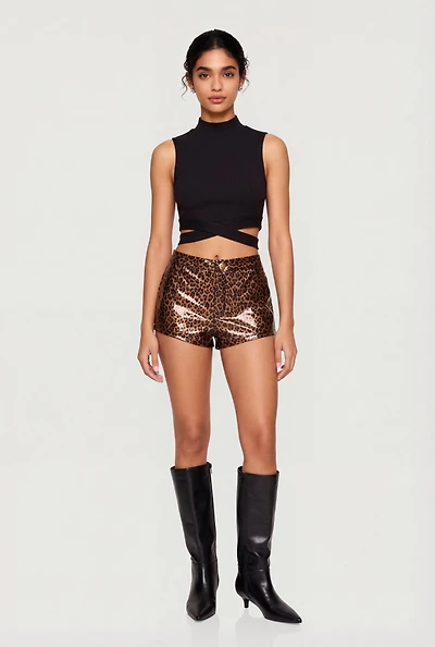 Rib Knit Criss Cross Hem Mock Neck Crop Top