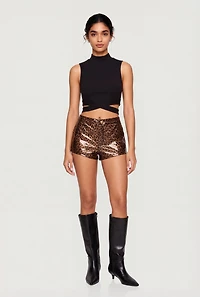 Rib Knit Criss Cross Hem Mock Neck Crop Top