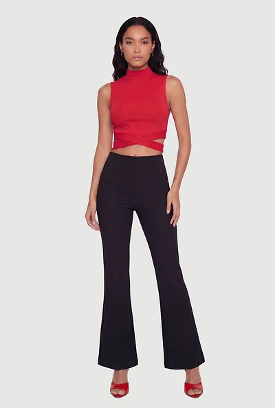 Rib Knit Criss Cross Hem Mock Neck Crop Top