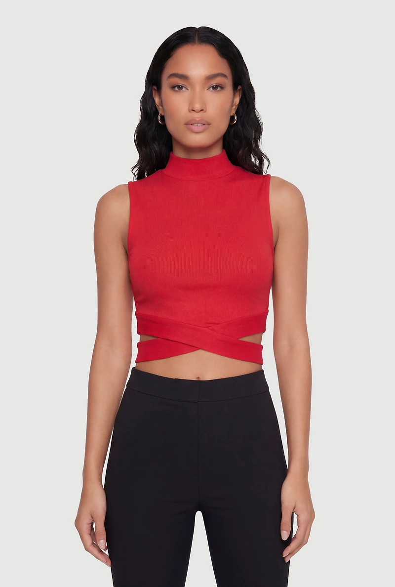 Rib Knit Criss Cross Hem Mock Neck Crop Top
