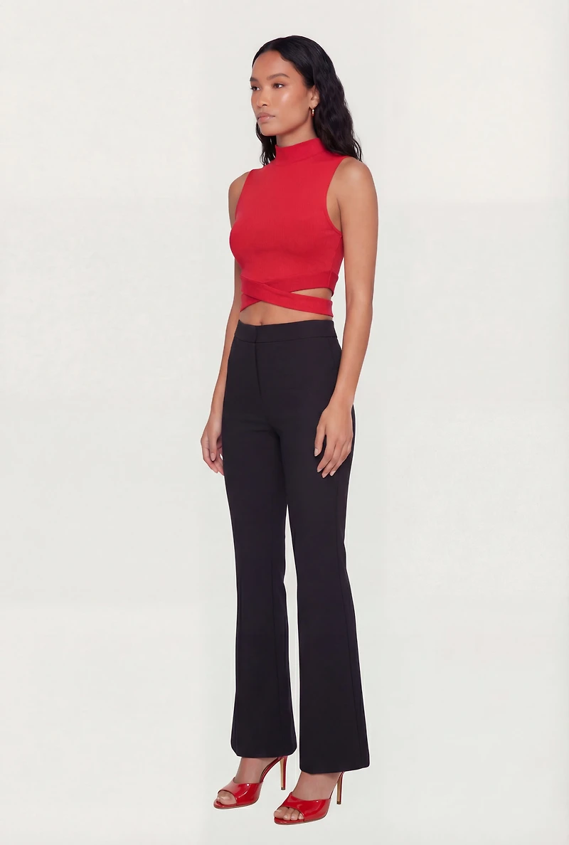 Rib Knit Criss Cross Hem Mock Neck Crop Top