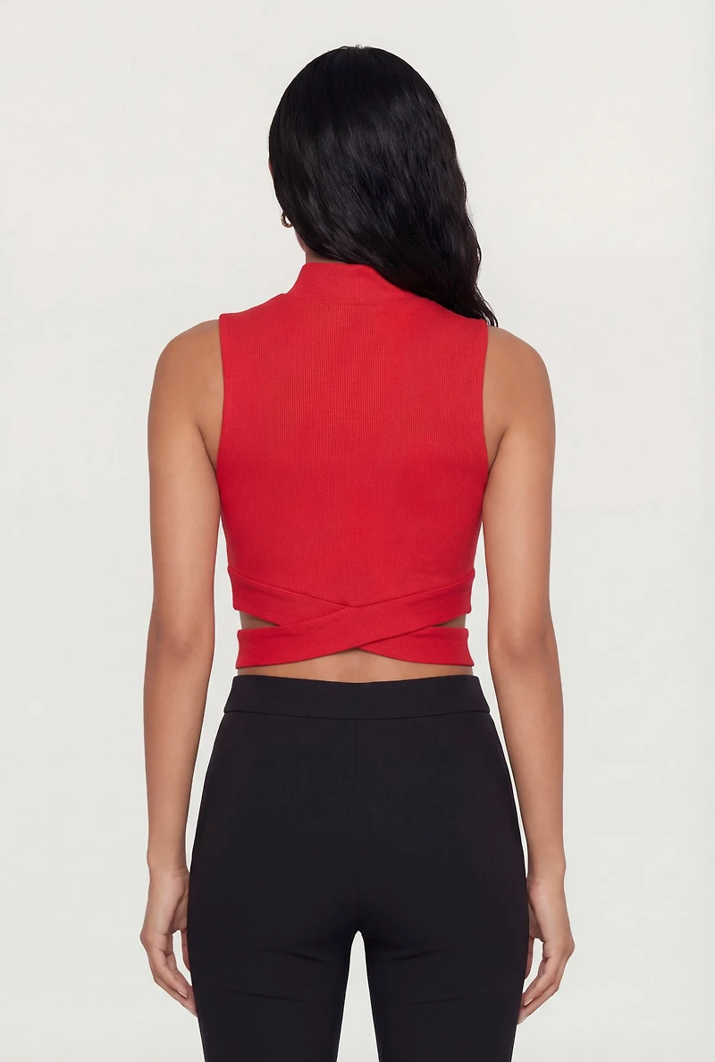 Rib Knit Criss Cross Hem Mock Neck Crop Top